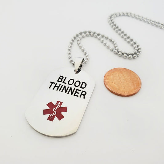 Stainless Steel Dog Tag Blood Thinner Unisex Medical Alert Necklace for Him