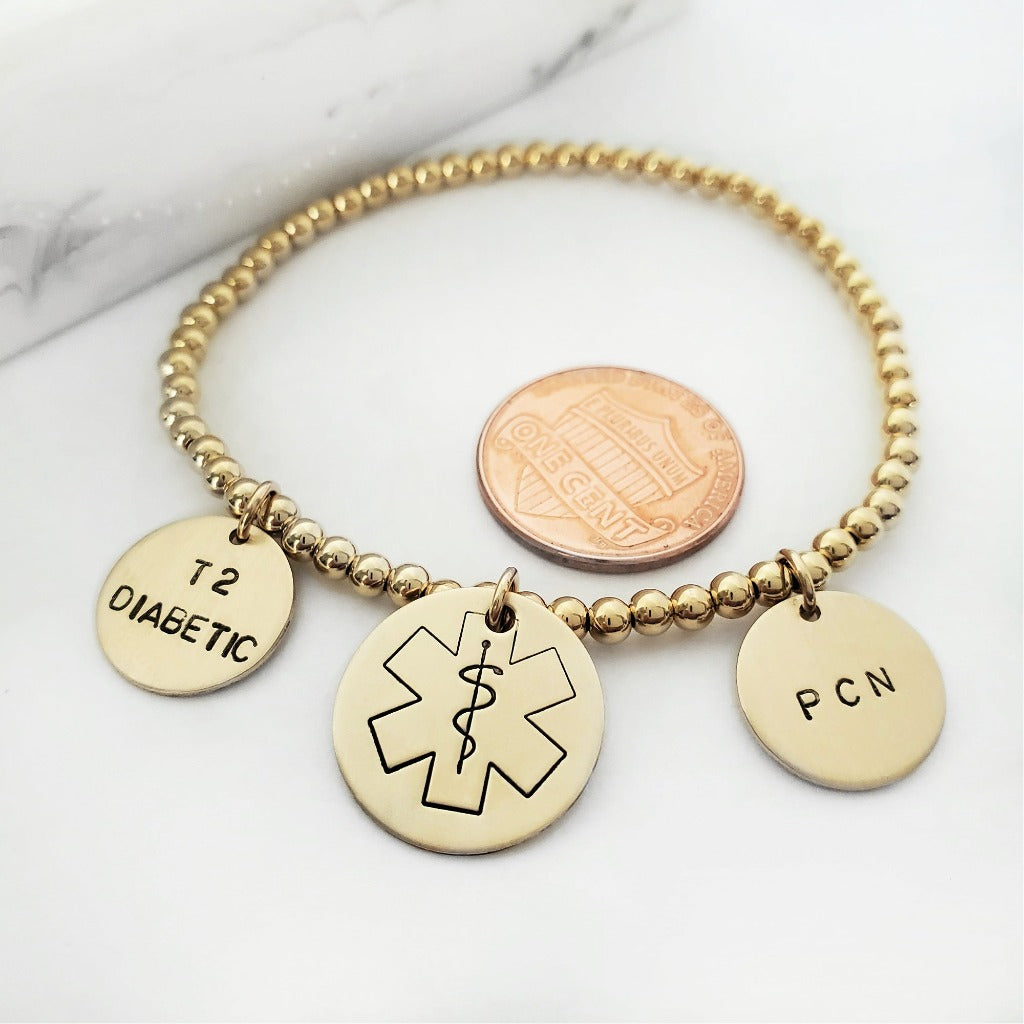 Personalized Stretch Bracelet Gold Filled Bead Dainty Medical Alert 6.5"
