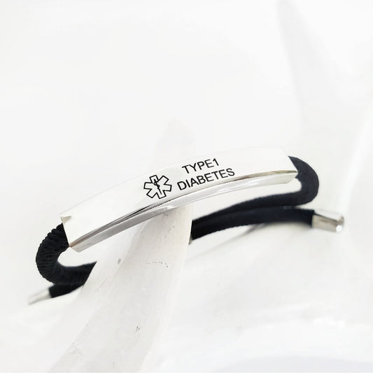 Type 1 Diabetes Stainless Steel Adjustable Slider Medical Alert Black Rope Bolo Bracelet