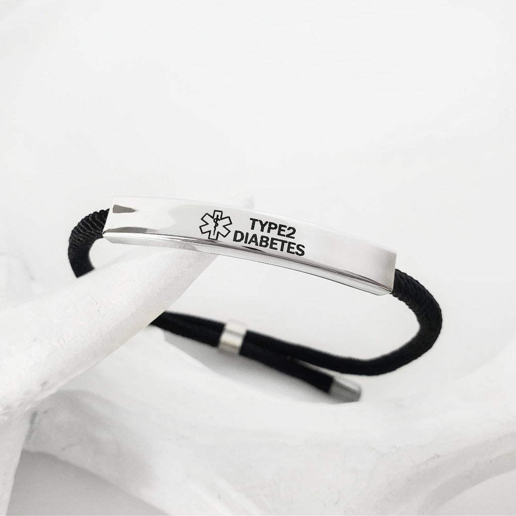 Type 2 Diabetes Stainless Steel Adjustable Slider Medical Alert Black Rope Bolo Bracelet
